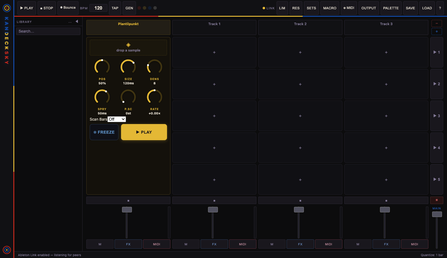 Kandecksky main window: transport bar, granular track, clip grid, and mixer